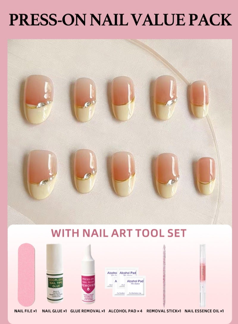 French Tip Press On Nails-Nude Pink Gradient with Gold Line & Rhinestone Accents - Image 1